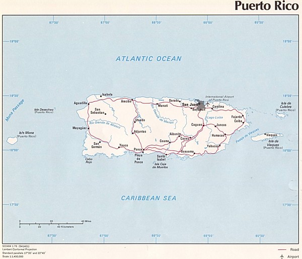Tourist map for Puerto Rico showing major roads, cities and the airport.