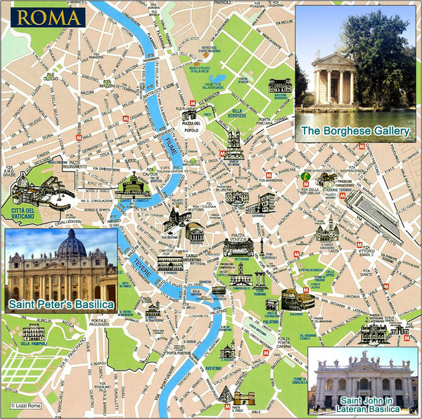 Tourist map of central Rome, Italy. Shows major landmarks represented by 