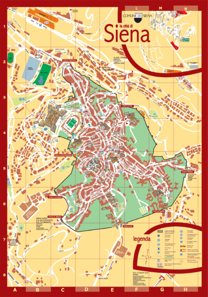 Tourist map of central Siena, Italy in Tuscany. Shows points of interest.