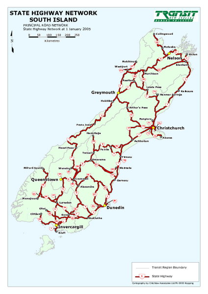 Map of state highway system throughout the South Island