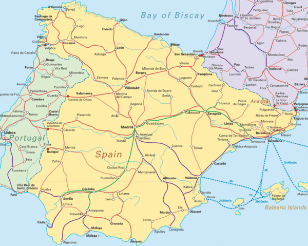 Map of Spain including some of Portugal and France showing cities and major 