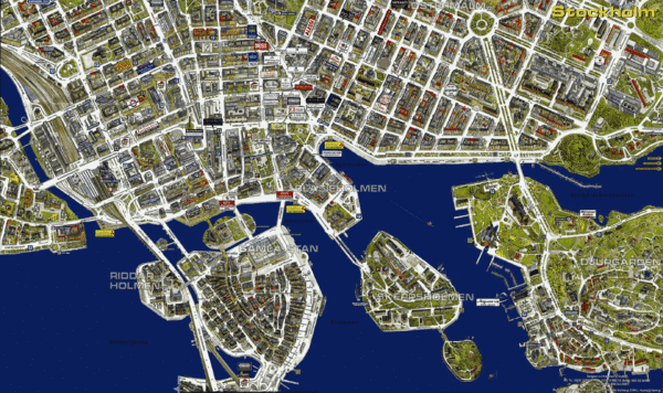 Panoramic map of central Stockholm, Sweden. Shows stores with logos.