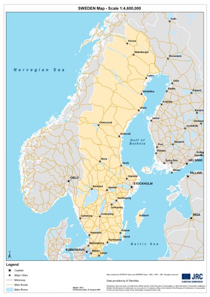 Map of Sweden showing major cities and roads. Created 8/31/2007