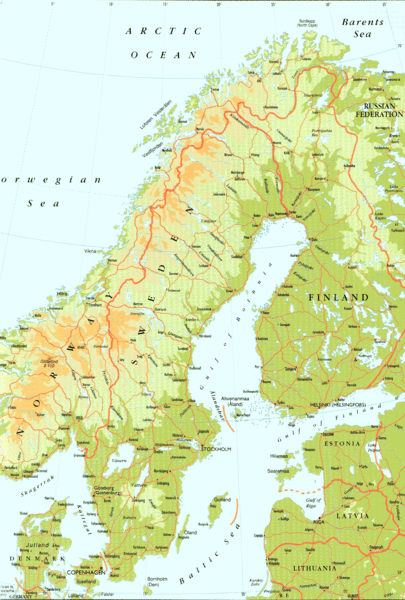 Map of Sweden and surrounding countries. Shows shaded relief