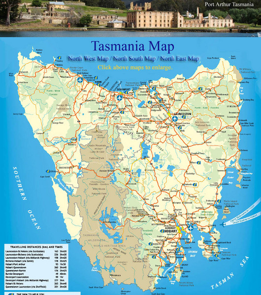 Detailed map of island of Tasmania, Australia. Shows National Parks.