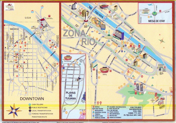Shows major streets in downtown and Zona Rio of Tijuana, Mexico.