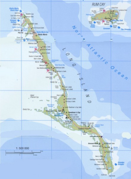 Tourist map of Long Island and Rum Cay in the Bahamas.