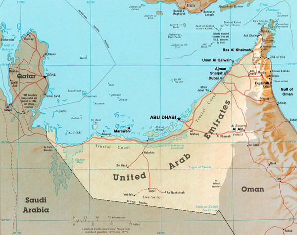 Map of United Arab Emirates and surrounding countries.
