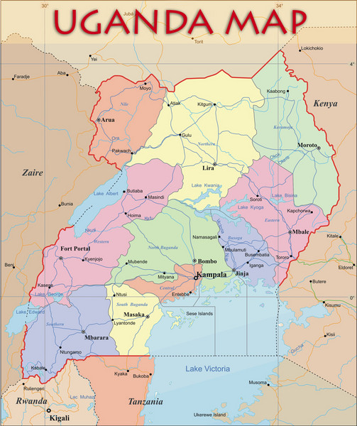 Political map of Uganda. Shows regions, cities, and water features.