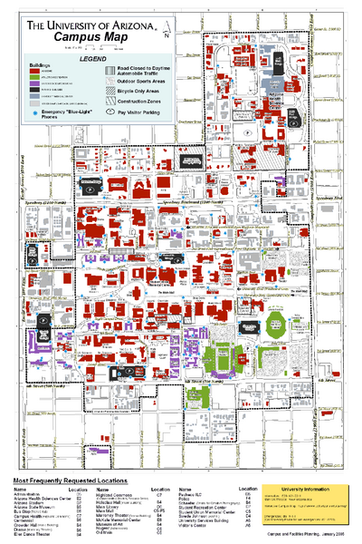 University Arizona on University Of Arizona Campus Map   Tucson Arizona     Mappery