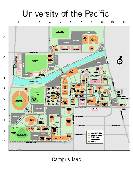 Campus map of University of the Pacific, Stockton, California campus