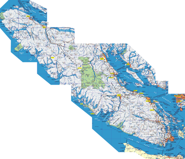 Detailed map of Vancouver Island, British Columbia.