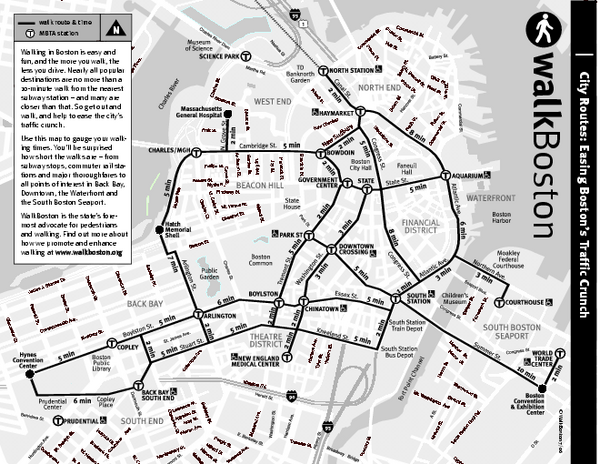 Tourist map of Boston, Massachusetts, showing walking routes and times, 