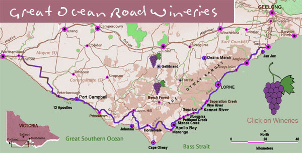 Wineries on Great Ocean Road, Australia Map